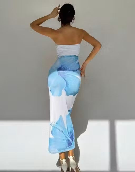 Blue Floral Tube Bodycon Dress