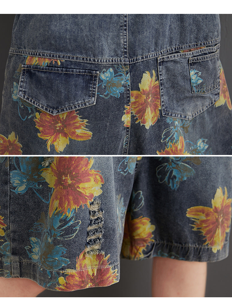 Casual Oversized Denim Printed And Washed Overalls For Women