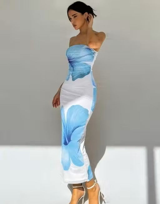 Blue Floral Tube Bodycon Dress