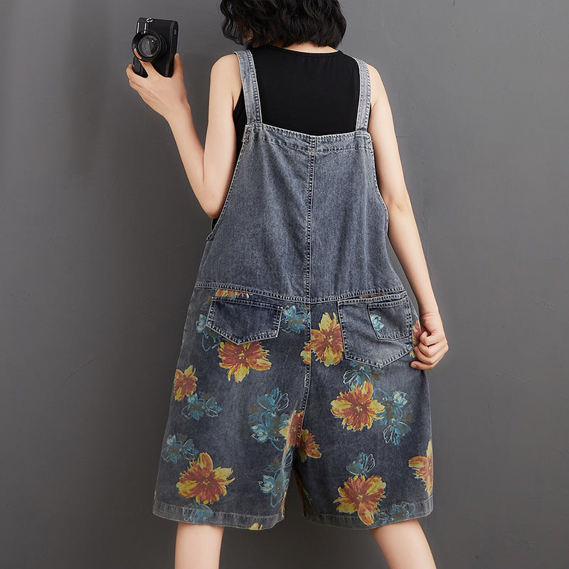 Casual Oversized Denim Printed And Washed Overalls For Women