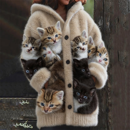 Casual 3D Cat-Print Hoodie Cloak Coat