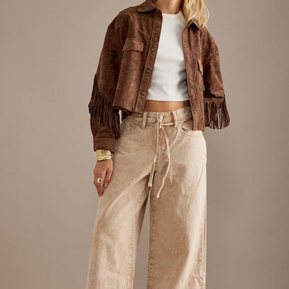 Brown Jacket With A Lapel Tassel Detailing, And Long Sleeves