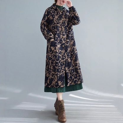 Retro Artistic Winter Long Cotton Coat With Fleece Lining