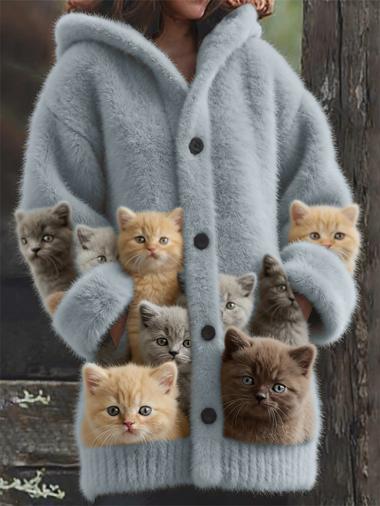Casual 3D Cat-Print Hoodie Cloak Coat