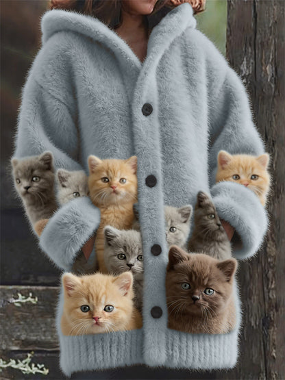 Casual 3D Cat-Print Hoodie Cloak Coat