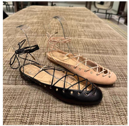 Womens Niche Leather Cross-Strap Ballet Flats Roman Sandals