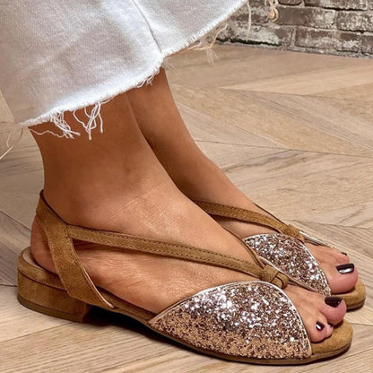 Brown Suede Glitter Embroidered Peep Toe Sandals