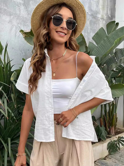 Polo Collar Casual White Women's Cardigan Button Shirt