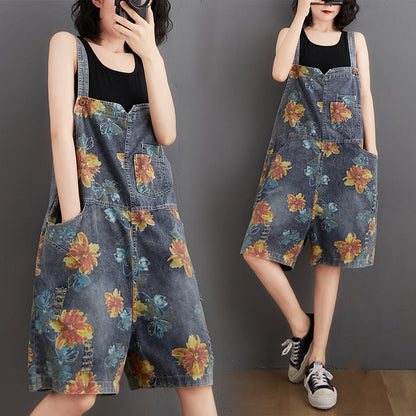 Casual Oversized Denim Printed And Washed Overalls For Women