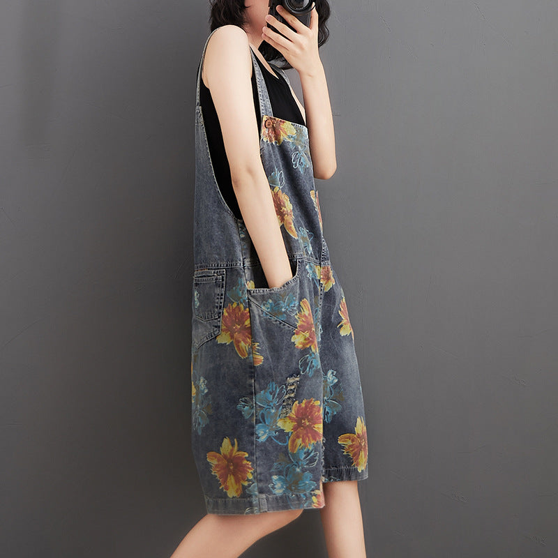 Casual Oversized Denim Printed And Washed Overalls For Women
