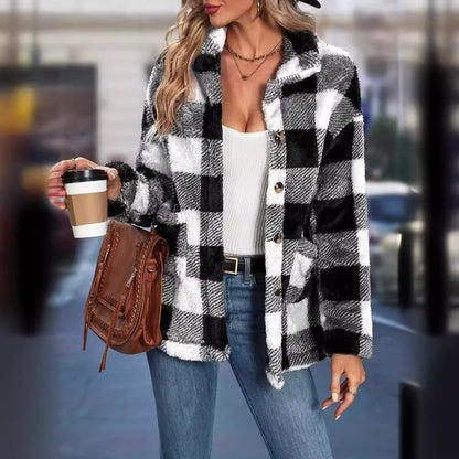 Womens European And American-style Tartan-patterned Lapel Flannel Coat