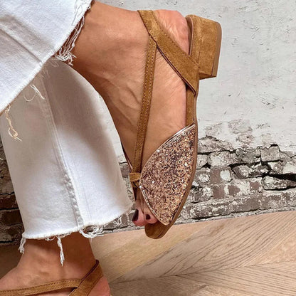 Brown Suede Glitter Embroidered Peep Toe Sandals