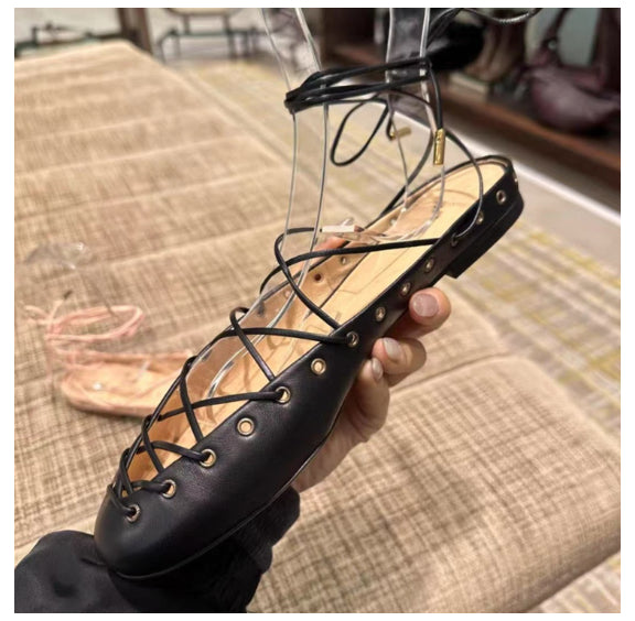 Womens Niche Leather Cross-Strap Ballet Flats Roman Sandals