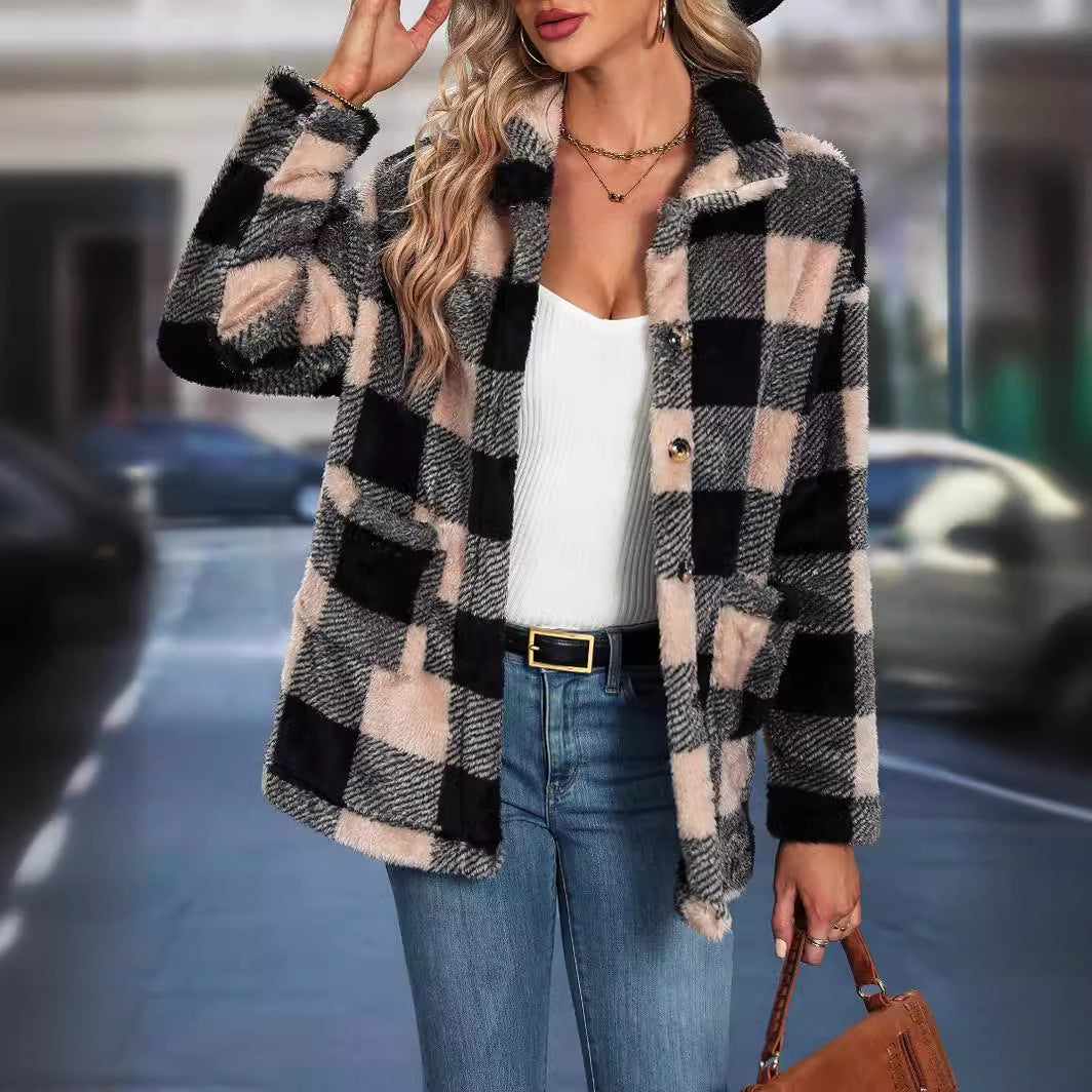 Womens European And American-style Tartan-patterned Lapel Flannel Coat