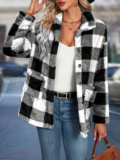 Womens European And American-style Tartan-patterned Lapel Flannel Coat