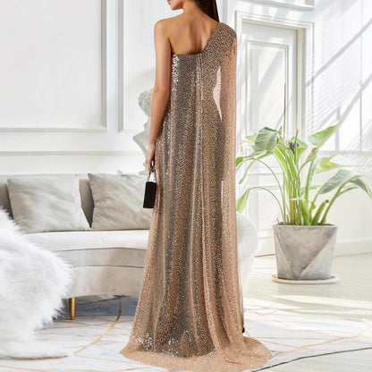One-shoulder Cloak Slit Black Dress