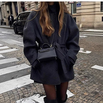 Womens Wool Coat With Belt Mock Neck And Solid Color