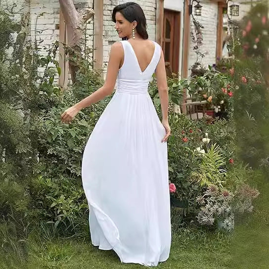 Women's Elegant Graceful Deep V-neck Sleeveless Chiffon Formal Maxi Evening Dress