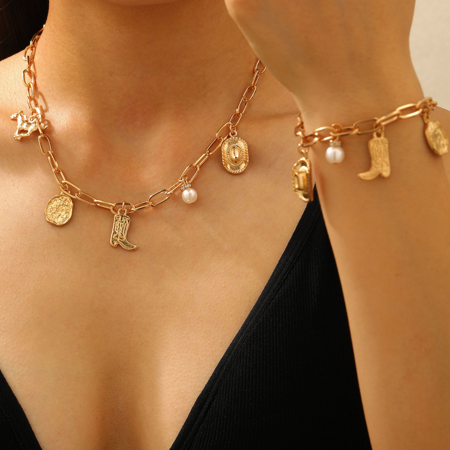 Ethnic-style Cowboy Hat Boots Pendant Necklace And Bracelet