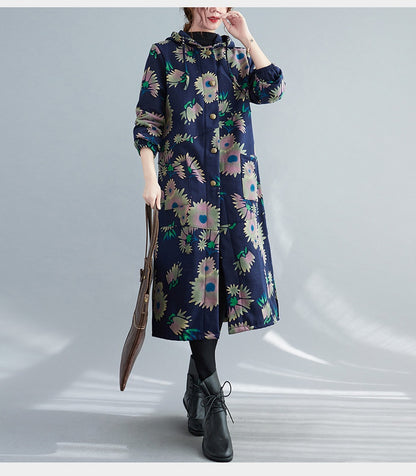 Retro Artistic Winter Long Cotton Coat With Fleece Lining