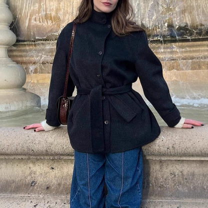 Womens Wool Coat With Belt Mock Neck And Solid Color