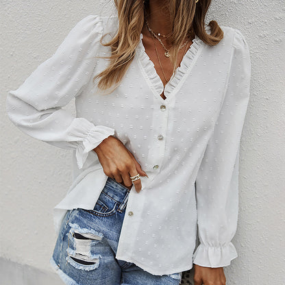 Women's Fashion Solid Color And V-neck Loose Jacquard Long Sleeve Casual Shirt Top