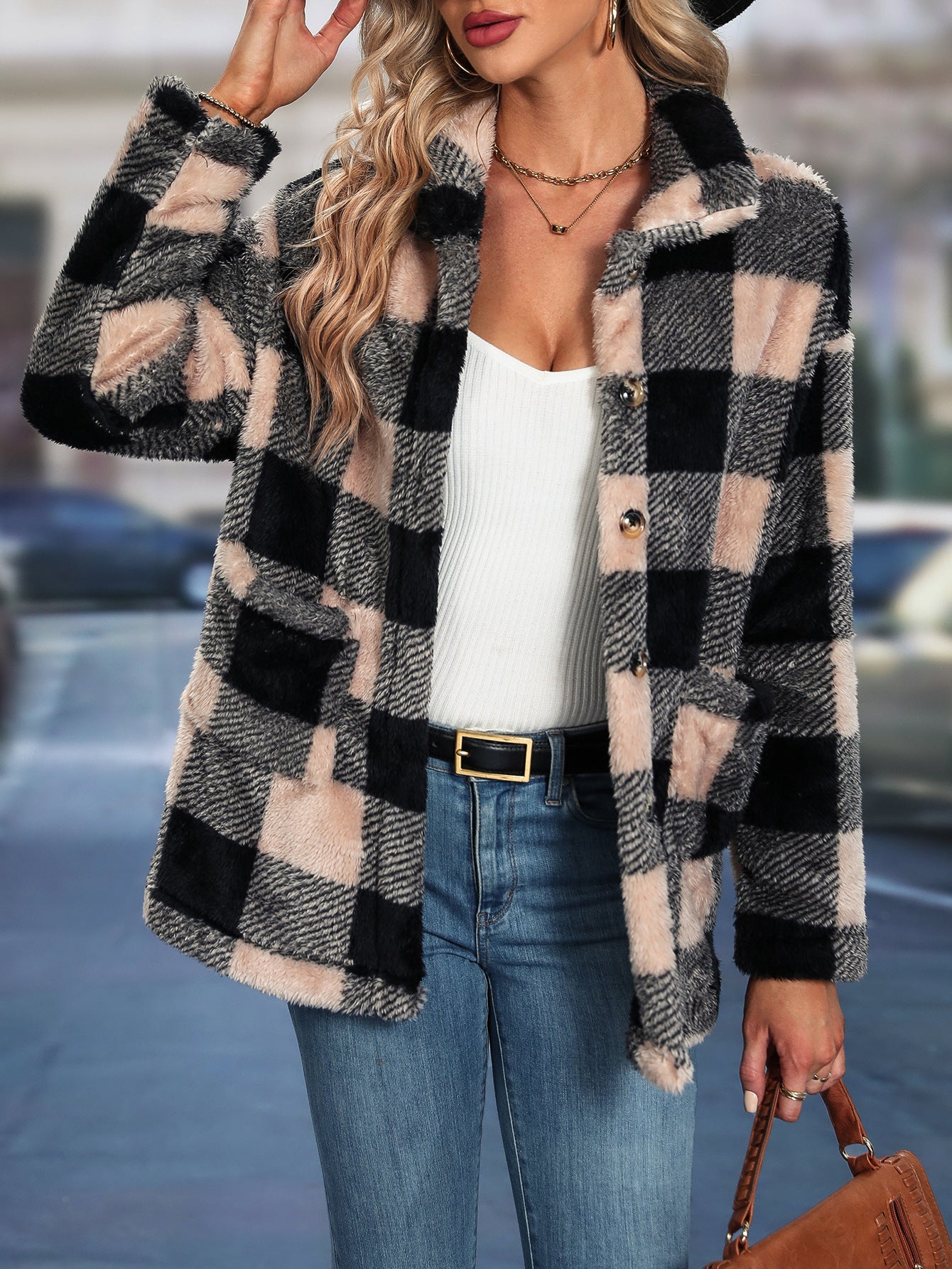 Womens European And American-style Tartan-patterned Lapel Flannel Coat