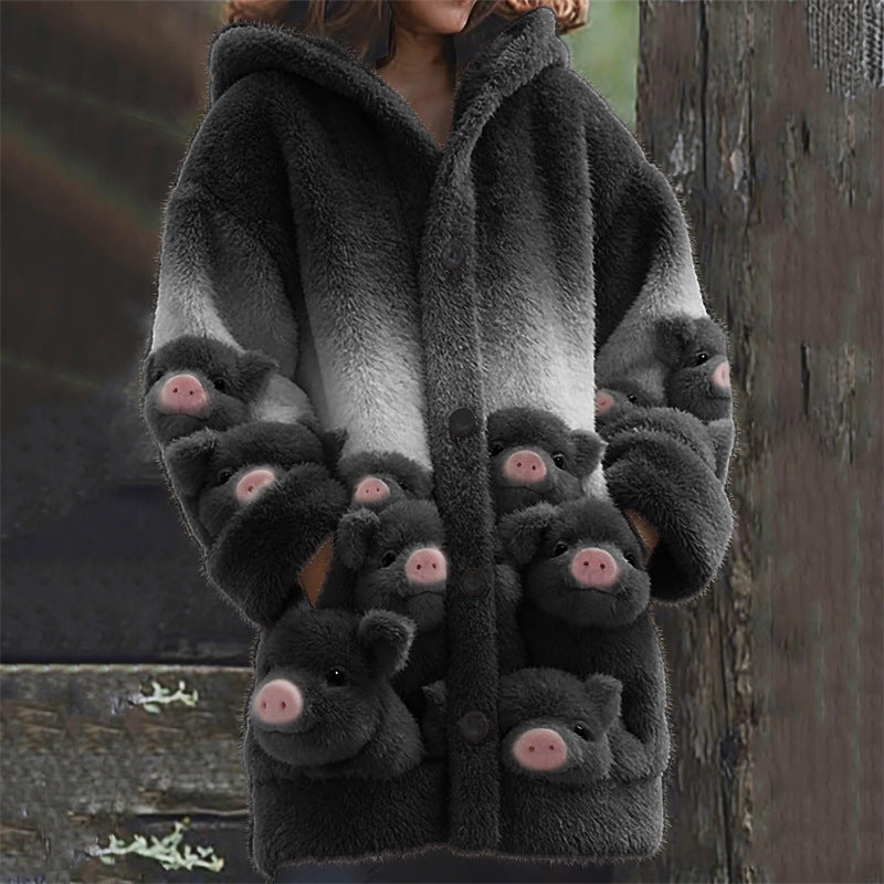 Casual 3D Cat-Print Hoodie Cloak Coat