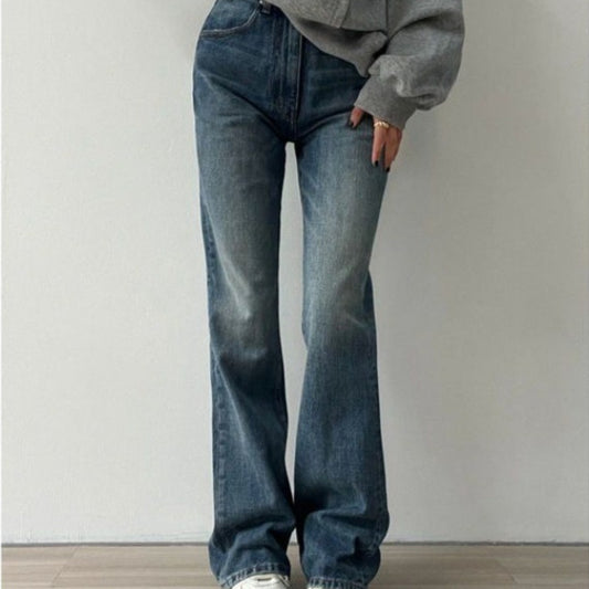 Flared Denim Jeans For Women Straight  Loose-fit Pants Retro