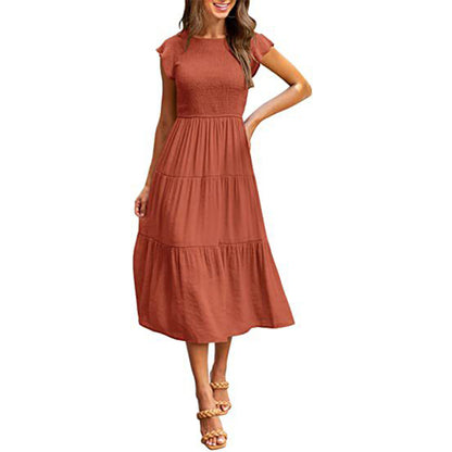 Holiday Style High Waist Dresses Summer Ruffled Sleeve A-line Beach Dress