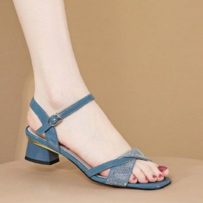 Womens Casual Rhinestone Chunky-Heel Sandals With A Single Strap Buckle