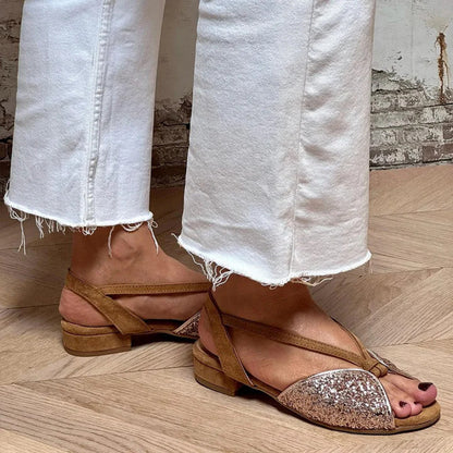 Brown Suede Glitter Embroidered Peep Toe Sandals