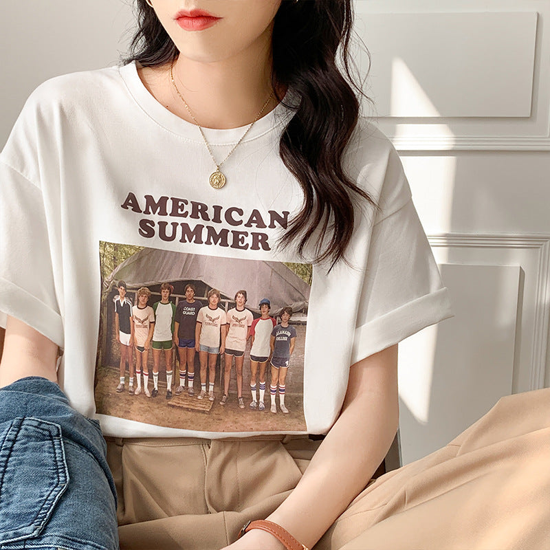 Vintage Print Crew Neck Oversized Loose Half Sleeve TShirt