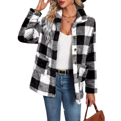 Womens European And American-style Tartan-patterned Lapel Flannel Coat