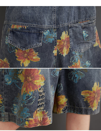 Casual Oversized Denim Printed And Washed Overalls For Women