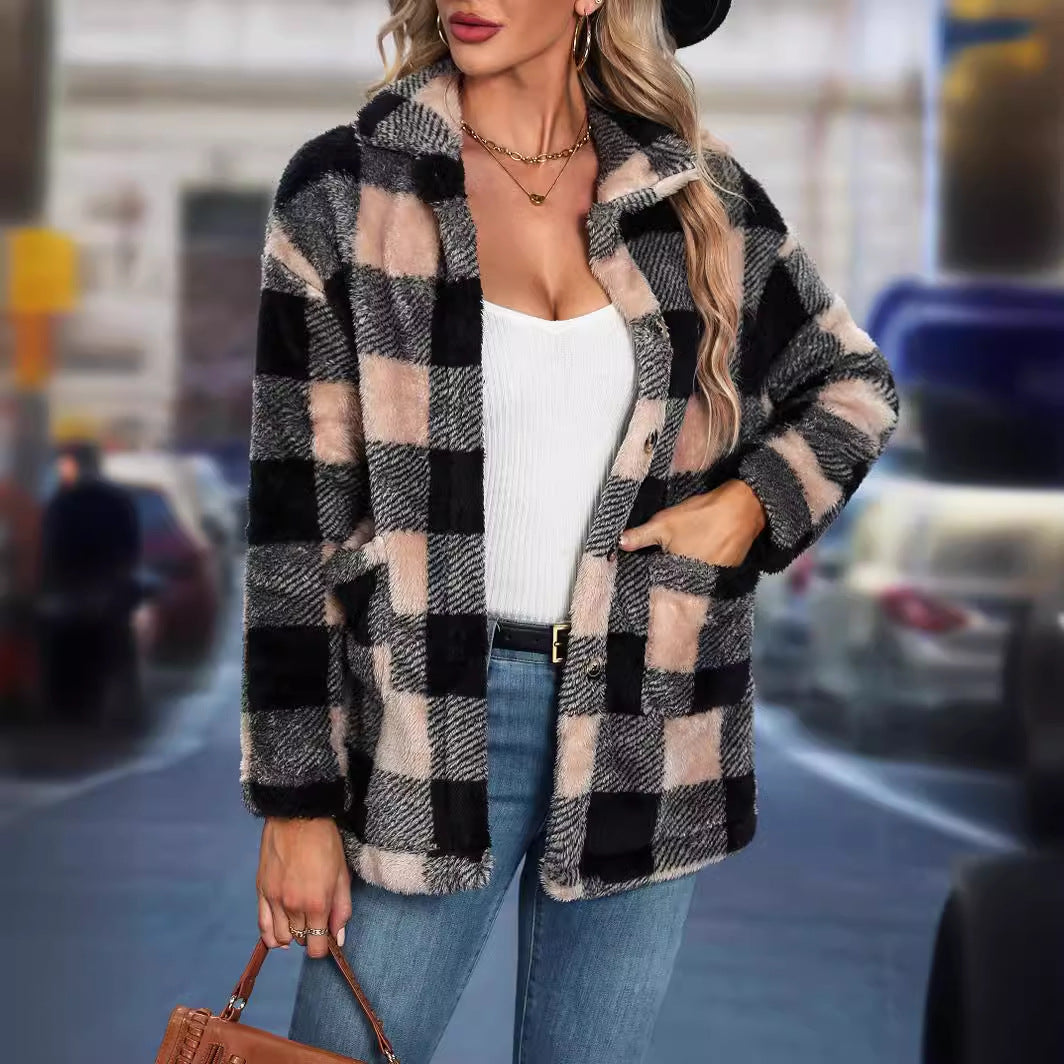 Womens European And American-style Tartan-patterned Lapel Flannel Coat