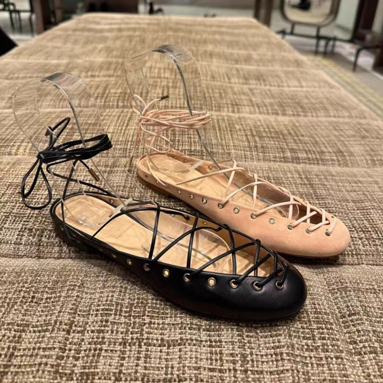 Womens Niche Leather Cross-Strap Ballet Flats Roman Sandals