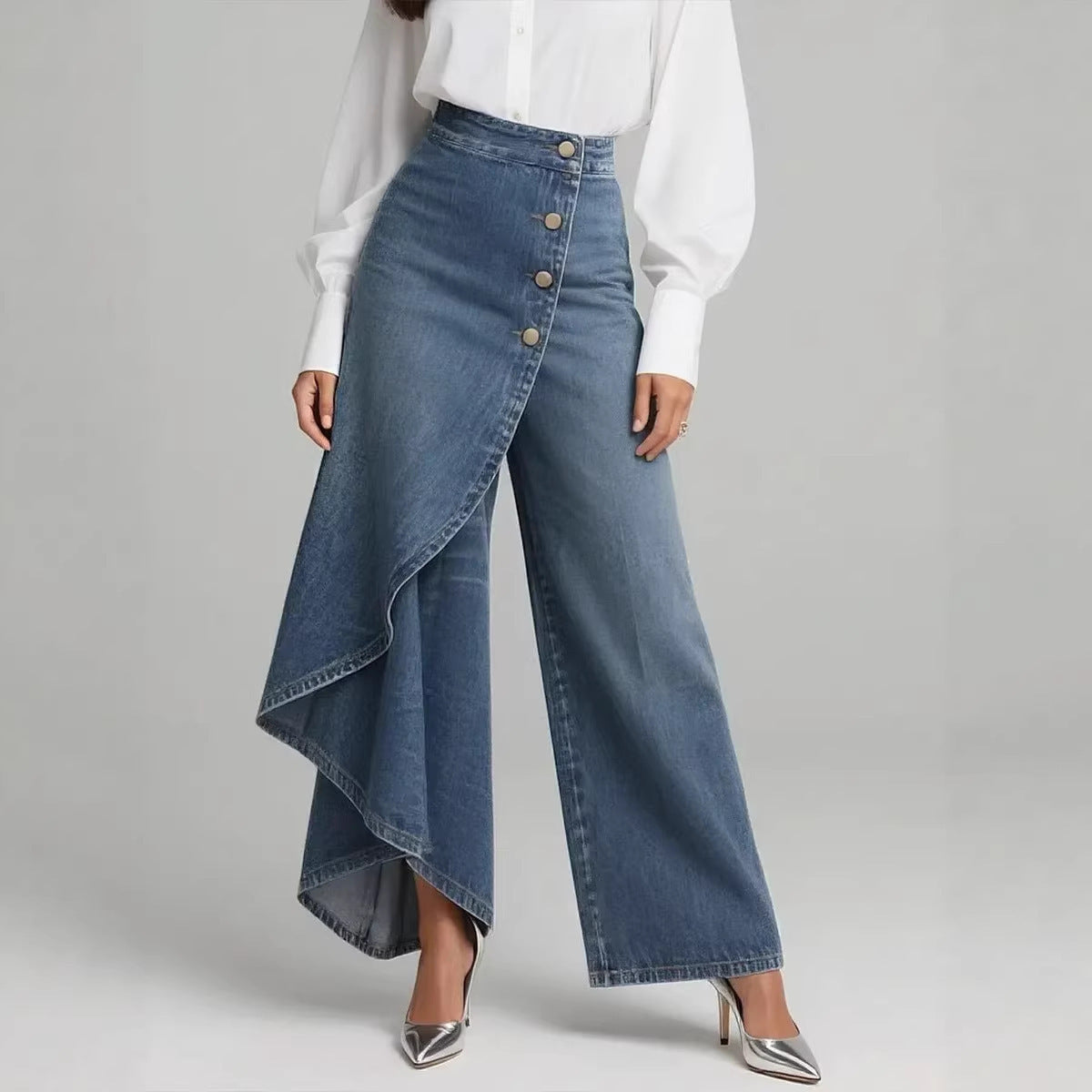 Womens Solid-Color Casual Denim-Style Printed Pants
