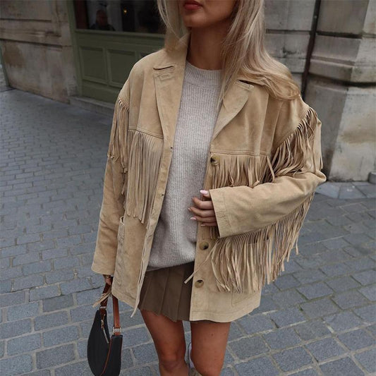 Brown Jacket With A Lapel Tassel Detailing, And Long Sleeves