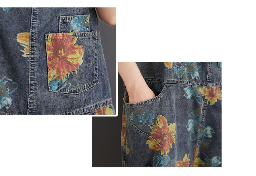 Casual Oversized Denim Printed And Washed Overalls For Women