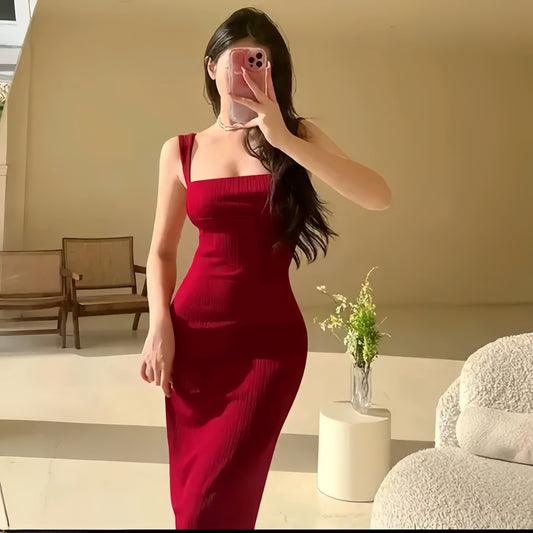 Slim Fit Red Lycra Maxi Dress – Party & Evening Wear