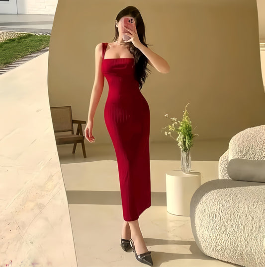Slim Fit Red Lycra Maxi Dress – Party & Evening Wear