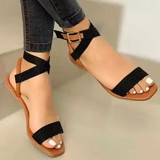 Stylish Women’s Buckle-Strap Synthetic Flat Sandal – Comfortable Casual Wear